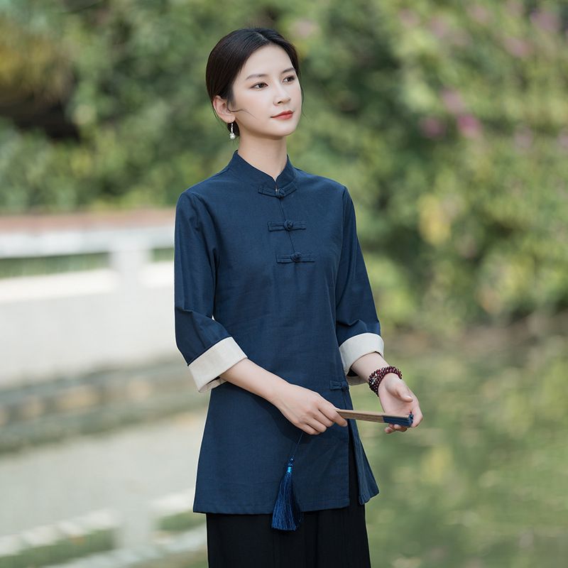 Style Salon Beauty Artist Health Center Traditional Chinese Tang Suit Tea Dress Women Two-Piece Set Summer_ecoleips.com