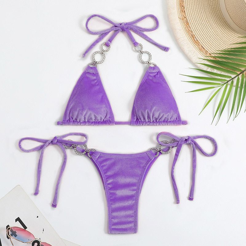 Verve 2025 New Women's Swimsuit Two-Piece Sexy Tie Solid Color Crystal Bikini Creative Accessories Swimwear_ecoleips.com