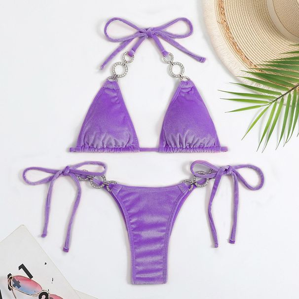 Verve 2025 New Women's Swimsuit Two-Piece Sexy Tie Solid Color Crystal Bikini Creative Accessories Swimwear_ecoleips.com