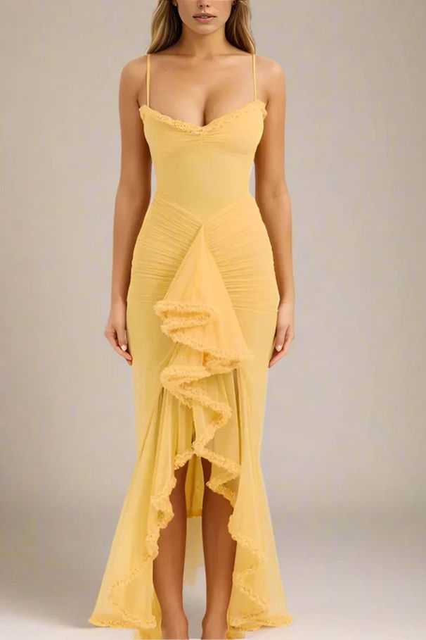 Fashion Design Women Sleeveless Dress Irregular Hem Mesh Suspender Dress Ruched See Through Mesh Casual Party Dress_ecoleips.com