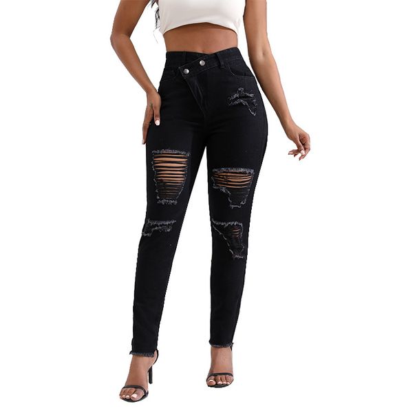 Women's Clothing High-Waisted Ripped Skinny Jeans Regular Fit Solid Color Denim For Spring/Autumn_ecoleips.com