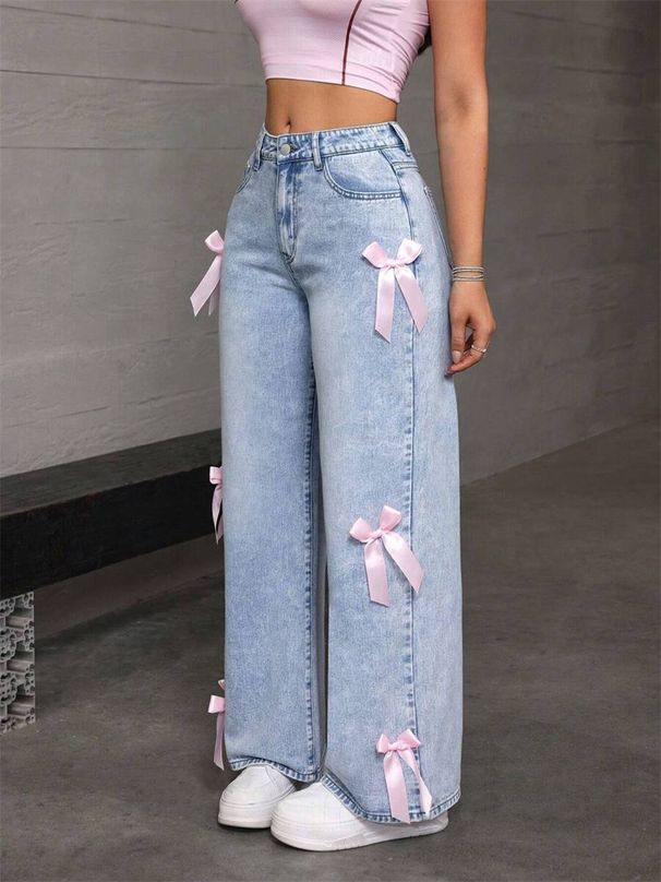 High-Waisted Wide-Leg Jeans With Bow Detail – Vintage Washed Denim Pants For Women (XS-XXL, Light Blue/Deep Blue)_ecoleips.com