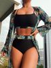 Verve 2025 New Maple Leaf Print Long Sleeve Patchwork Bikini Three-Piece Set Swimsuit For Women Russia_ecoleips.com