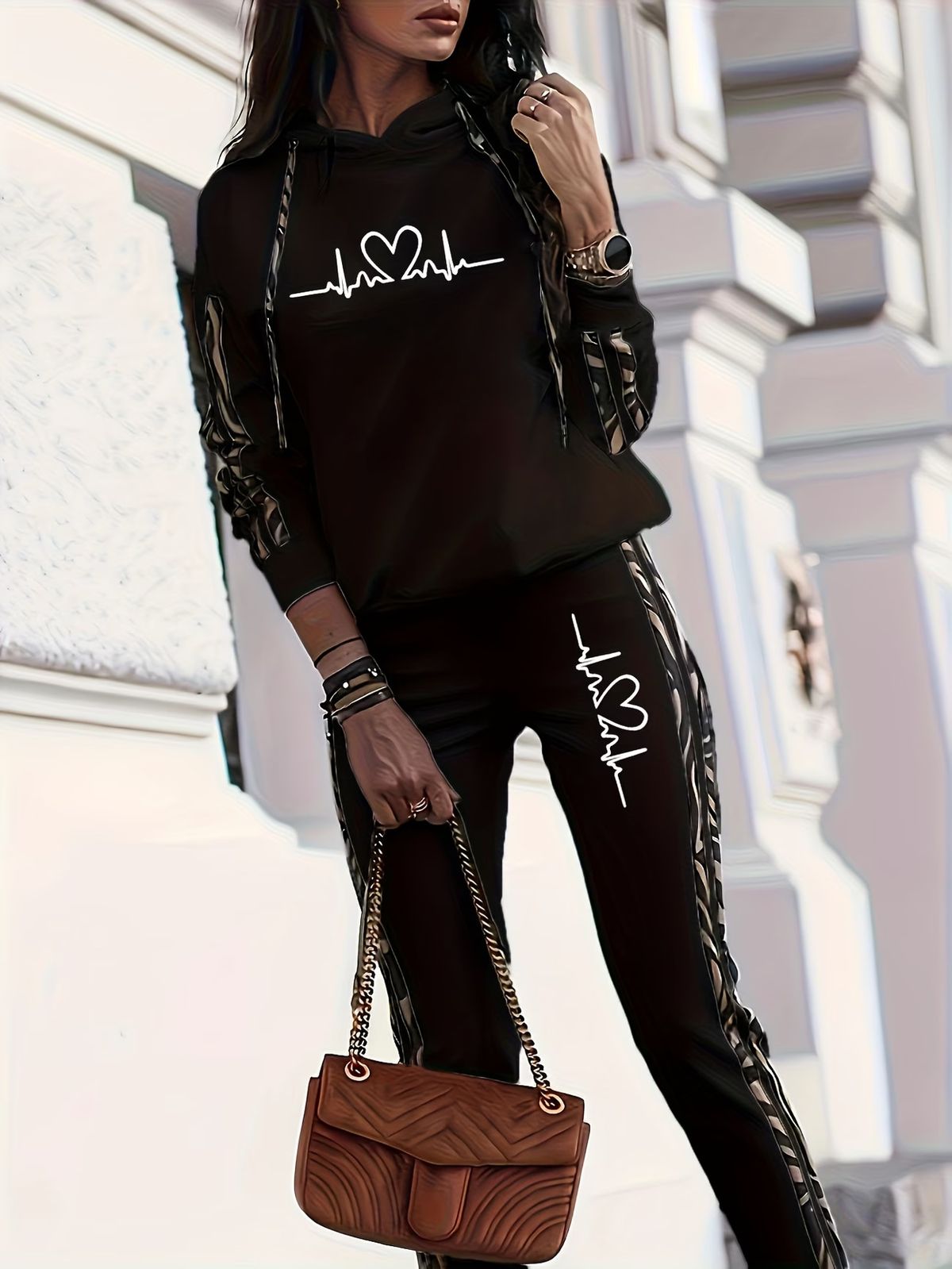 Women's Heart Print Hooded Two Piece Set Fashion Style Number 0051 Spring/Autumn Summer Wear_ecoleips.com