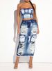Two-piece Set Of Tube Top Half-length Skirt, Denim Print Sexy And Fashionable Women's Suit_ecoleips.com