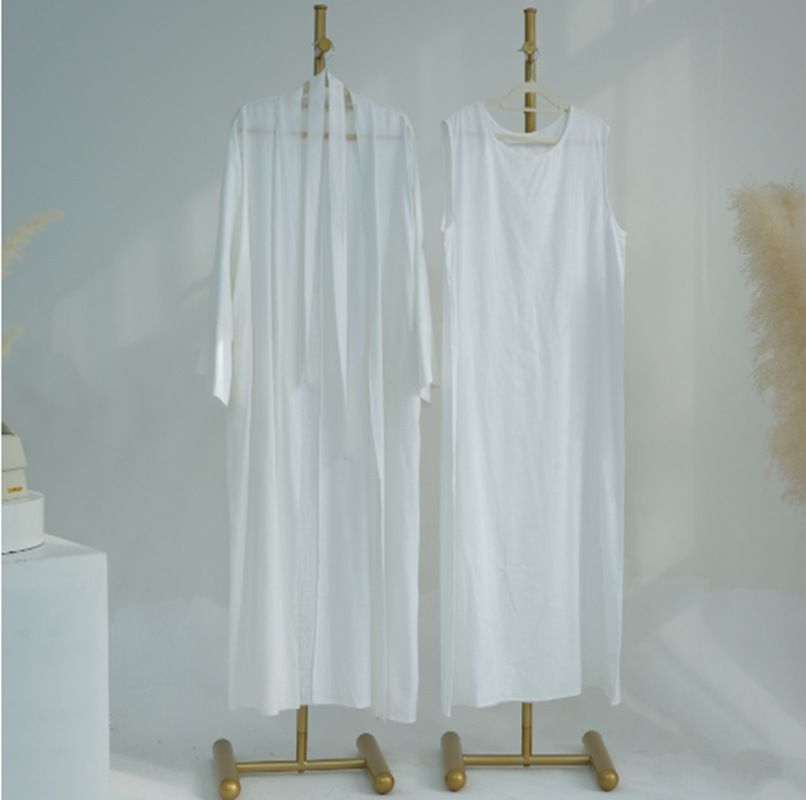 2025 Muslim Long Sleeve Coat Round Neck Sleeveless Dress Cotton Linen Robe Set_ecoleips.com