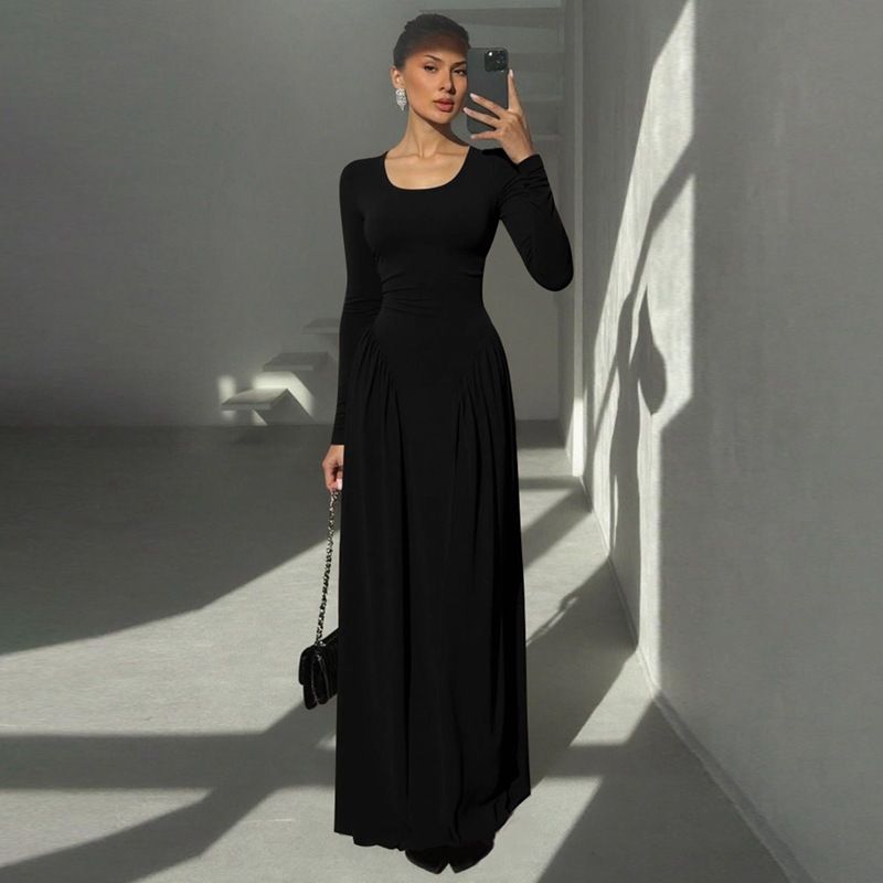 Women's Elegant Long Sleeve Dress French Style U Neck Waist Tie Solid Color Autumn Winter American Clothing_ecoleips.com