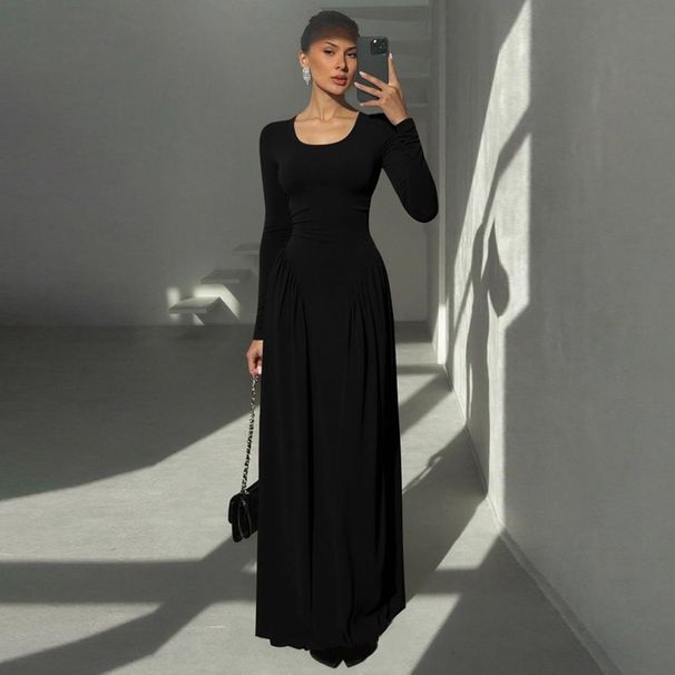 Women's Elegant Long Sleeve Dress French Style U Neck Waist Tie Solid Color Autumn Winter American Clothing_ecoleips.com