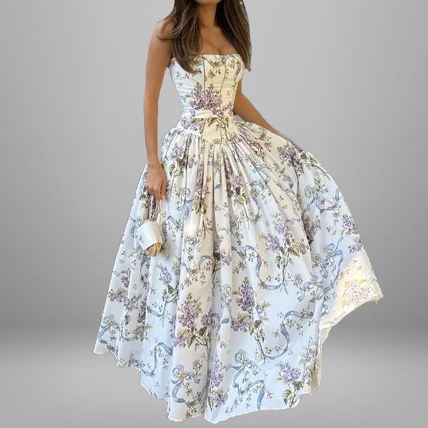 Women's French Style Floral Print Long Dress Square Neck Spaghetti Strap Spring New Arrivals American Fashion_ecoleips.com