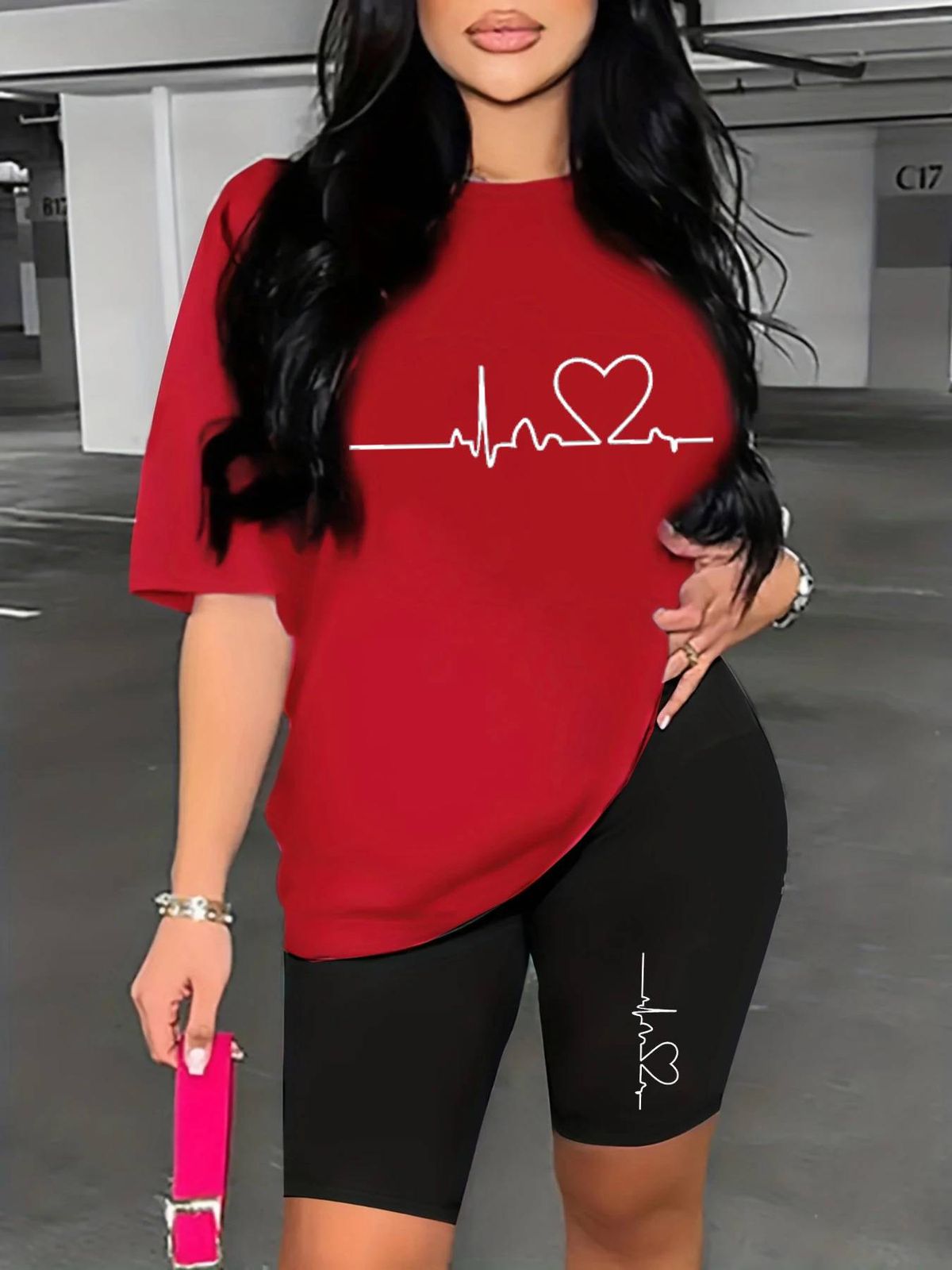 Women’s 2 Piece Outfit Set – Oversized Graphic T-Shirt And Biker Shorts Matching Set, Casual Summer Lounge Tracksuit For Daily Wear M-895_ecoleips.com