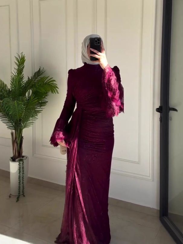 Modest Evening Dress/Formal Dress Women Elegant Retro Long Sleeve Maxi Dress– High Waist, Puff Sleeve, Wrap Hem – Vintage-Inspired(Black, Burgundy)_ecoleips.com