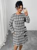 Women's Clothing Plus Size Clothes Elegant Black & White Checkered Dress With Bow Detail, Round Neck Long Sleeve Slim Fit Dress For Women_ecoleips.com