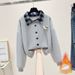 Fleece-Lined Plaid Polo Collar Sweatshirt & Vintage Drawstring Jeans Set - Winter-Ready Academic Style (Blue/Beige/Grey)_ecoleips.com