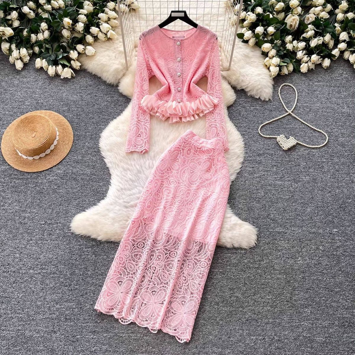 Lace Two-Piece Set – Elegant Hollow-Out Design & Slim Fit | Pink & Beige | M-Xxl Breathable Modesty_ecoleips.com