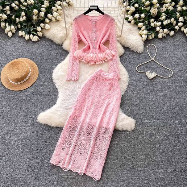 Lace Two-Piece Set – Elegant Hollow-Out Design & Slim Fit | Pink & Beige | M-Xxl Breathable Modesty_ecoleips.com