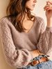 Dusty Purple V Neck Pit Rib Knit Jumper, Loose Hollow Breathable Soft Skin-touch Lantern Long Sleeve Sweater_ecoleips.com
