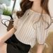 Elegant Off-Shoulder Striped Chiffon Blouse With Lantern Sleeves - Women's Loose Casual Tops_ecoleips.com