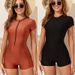 Women's Solid Color One Piece Swimsuit Short Sleeve Zippered Conservative Wetsuit for Small Busts European American Style_ecoleips.com