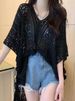 Women's Knitted V-Neck Batwing Sleeve Top Hollow Out Loose Fit Summer Plus Size Slimming Versatile Casual T-Shirt_ecoleips.com