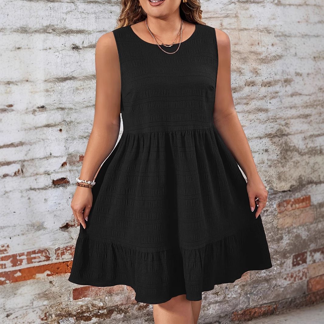 Elegant And Fashionable Women's Vest Dress, With Texture Design, Round Neck And Lotus Leaf Hem, Suitable For Summer_ecoleips.com