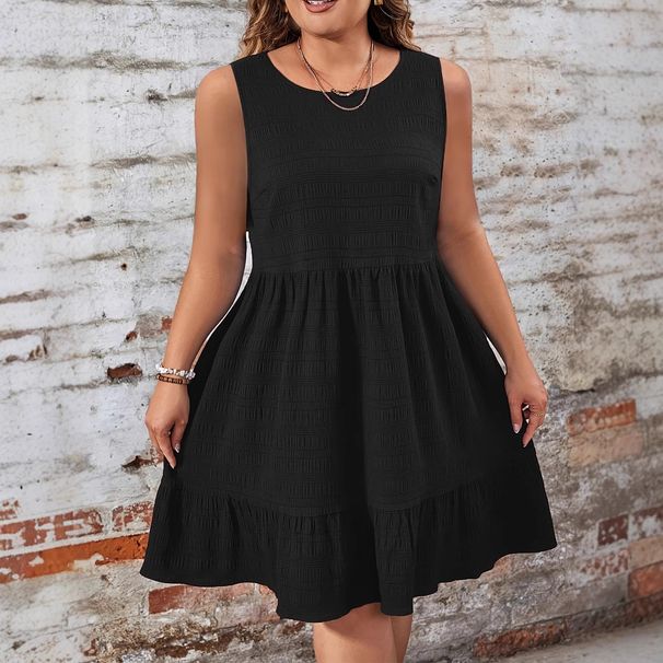 Elegant And Fashionable Women's Vest Dress, With Texture Design, Round Neck And Lotus Leaf Hem, Suitable For Summer_ecoleips.com