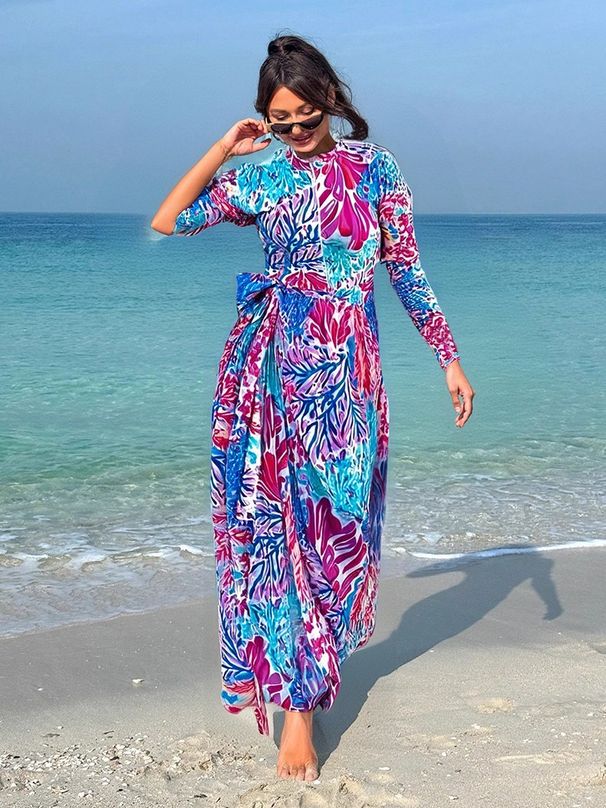 Muslim Print Long Sleeve Long Pants Slim Fit Conservative Hot Spring Swimsuit Women High Waist Quick Dry Tight High Elasticity Wear Resistant_ecoleips.com