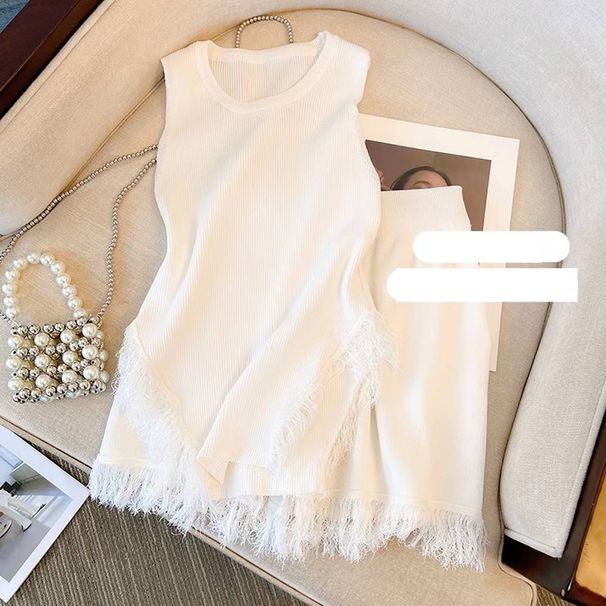 Women's Pink Tassel Knitted Small Camisole + High Waist Wide Leg Casual Shorts_ecoleips.com