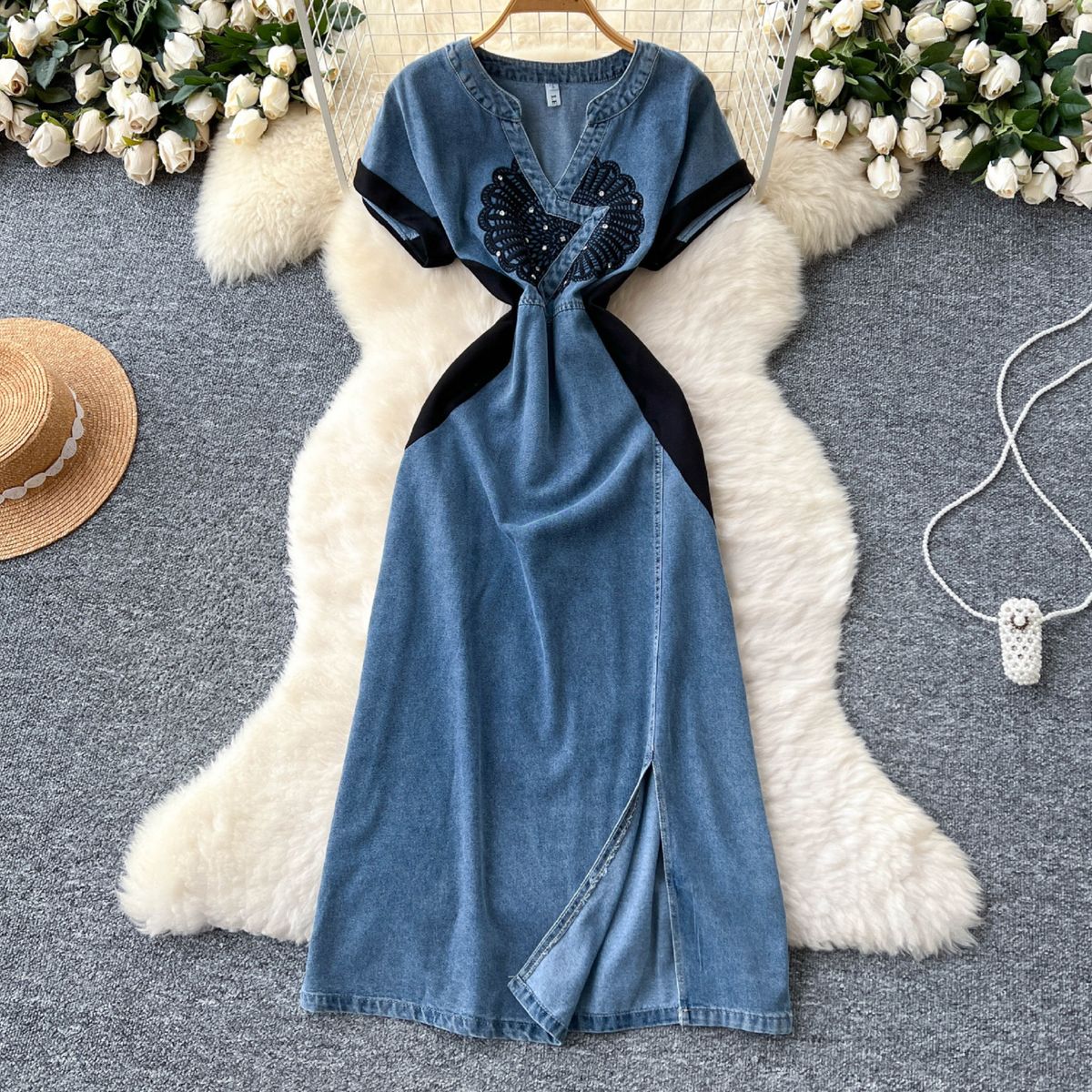 Women's Clothing Retro Elegant Denim Dress Women Summer High Grade Heavy Diamond Embroidery Waist V Neck Short Sleeved Long Dress_ecoleips.com