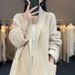 Women's V-Neck Knit Cardigan – Mid-Length Loose Fit, Solid Color, Pockets, All-Season Layering (White/Khaki, One Size)_ecoleips.com