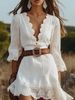 Women's Clothing Lace Trim V-Neck Flowy Midi Dress – Elegant Solid Color Summer Dress For Women_ecoleips.com