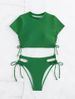 Women's Two Piece Bikini Comfort And Style Short Sleeve Mesh Solid Color Sexy Tie Waist Swimsuit_ecoleips.com