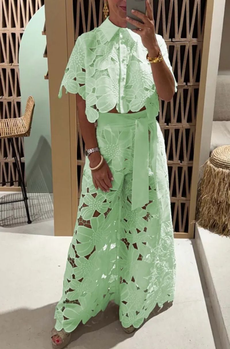 Women's Solid Color Summer Set Sexy Hollow Out Cardigan Top And Wide Leg Pants Two Piece_ecoleips.com
