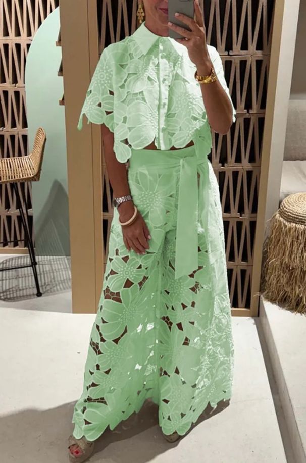 Women's Solid Color Summer Set Sexy Hollow Out Cardigan Top And Wide Leg Pants Two Piece_ecoleips.com