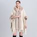 loose plaid plus velvet thick fur collar knitted shawl cape women's woolen shawl coat_ecoleips.com