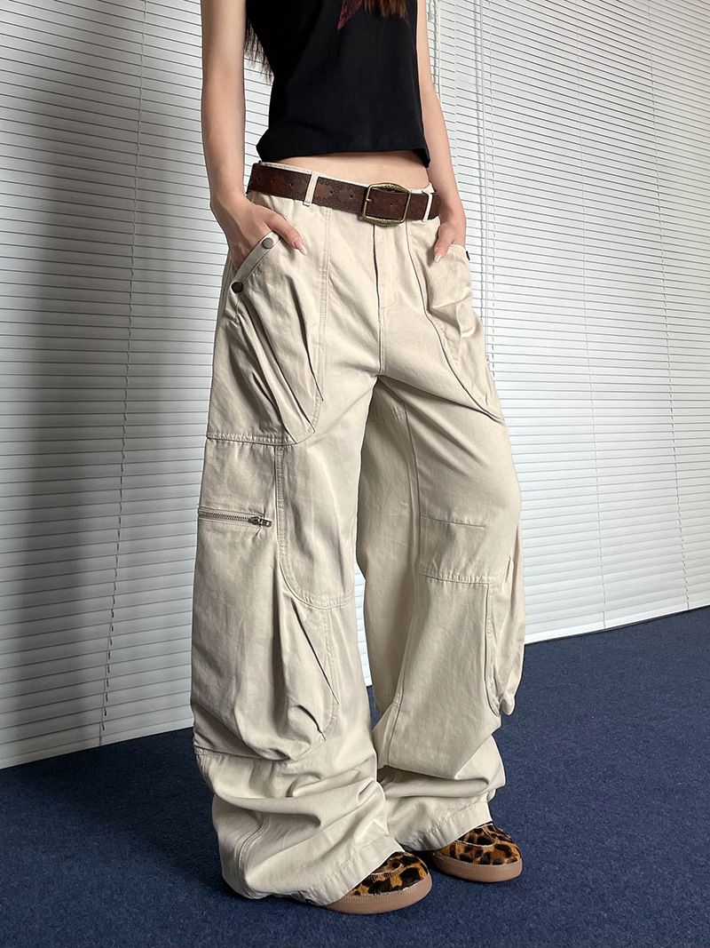 2025 American Style Beige Premium Wide Work For Women's Street Loose Straight Leg Pants_ecoleips.com