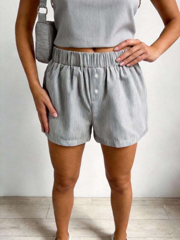 Women's Gray Striped Elastic Waist Casual Shorts, Button Detail Loose Fit Summer Loungewear_ecoleips.com