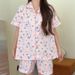 Women'S Cotton Pajamas Set Mameiji Summer Blue Plaid Cute Tamagot Chi Cartoon Short Sleeve Shorts Summer Thin Soft Loungewear_ecoleips.com
