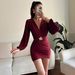 Pleated V Neck Long Sleeve Dress With Metal Accent Belt Fall Autumn Dress For Women_ecoleips.com