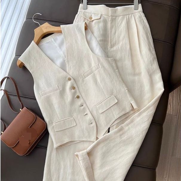 Fashion Suit For Women Elegant Sleeveless Vest Wide Leg Pants Summer 2025 New Temperament Office Ladies Two Piece Sets_ecoleips.com