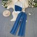Women's Clothing Fashion Suit Patchwork Contrast Color Short Sleeved Top High Waist Wide Leg Jeans Two Piece Suit_ecoleips.com