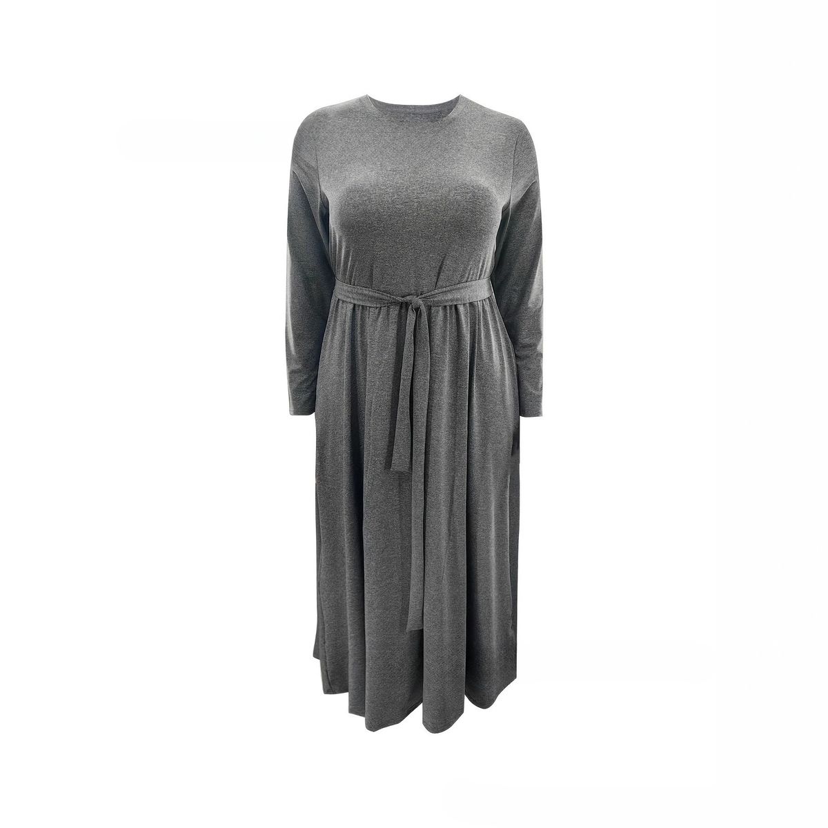 Plus Size Women's Dress Long Sleeve Wrap Waist Flared Hem Knit Maxi Dress For Fall Winter – Solid Color Elegant Casual Wear (0XL-5XL, Grey)_ecoleips.com