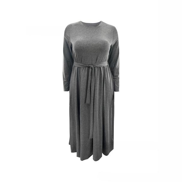 Plus Size Women's Dress Long Sleeve Wrap Waist Flared Hem Knit Maxi Dress For Fall Winter – Solid Color Elegant Casual Wear (0XL-5XL, Grey)_ecoleips.com