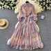 Women's Clothing Retro Women's Stand Collar Lantern Sleeve Printed Skirt Dress Spring Summer Full Waist Cinching Fashionable Dress_ecoleips.com