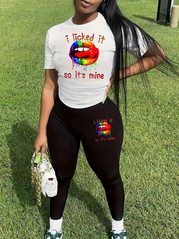 Women's Casual Fashion Lip Print Letter Pattern Print Loose T-shirt+cropped Pants Two-piece Home Sportswear Daily Wear-389_ecoleips.com