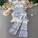 Women's French Style Commuter Cardigan V Neck Puff Sleeve Geometric Print Two Piece Set Casual Loose Fit Slimming Wide Leg Pants_ecoleips.com