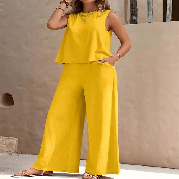 2027 Summer Fashion Elegant Women O-Neck Sleeveless Vest + Wide-Leg Pants Two-Piece Pure Color Casual Sets_ecoleips.com