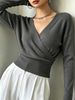 Dark Grey Deep V Wrap Pit Rib Knit Sweater, Loose Lightweight Breathable Soft Skin-touch Long Sleeve Slim Waist Pullover_ecoleips.com