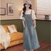 Summer New Hong Kong Petite Loose Casual European Style Minimalist Denim Jumpsuit Maternity Strap Dress_ecoleips.com