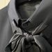 Black Long Sleeved Blouse for Women with Bow Tie Sophisticated Elegant Loose Fit Slimming Drape Versatile Casual Professional Design_ecoleips.com