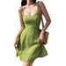 Women's Clothing Girl Shoulder Tie Green Print Suspender Dress Summer Waist Slimming A Line Skirt_ecoleips.com